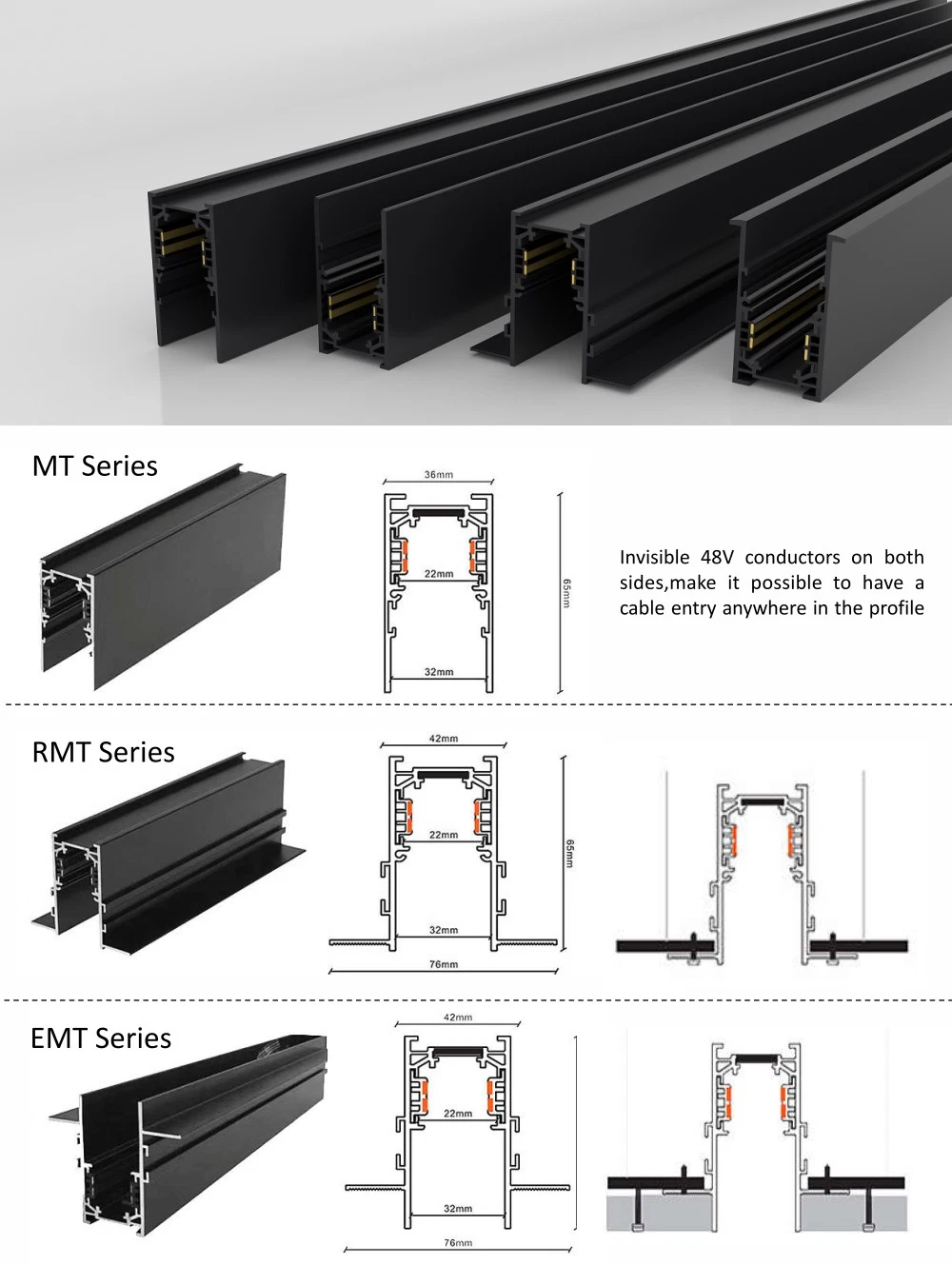 DC48V Magnetic Track Lights Magnet Linear Aluminum Ceiling Recessed Suspended Creative 0.5m 1m 2m 3m LED Magnetic Lights Tracking Rail Lighting Industrial